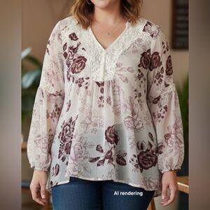 TORRID White & Deep Red Floral Print Chiffon Lace Inset Top | 0 Large NWT